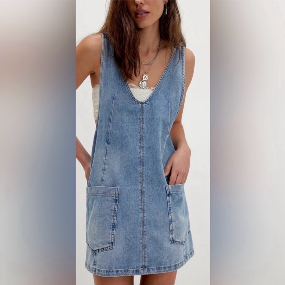 We The Free People High Roller Denim Skirtall Pinafore Dress Follow Your Heart